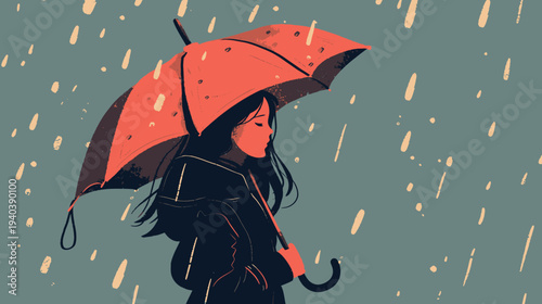 Woman with umbrella walking in the rain digital illustration with copy space
