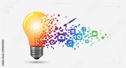  A vibrant, gradient-colored light bulb digitally transforming into a collection of creative and technological icons against a clean white background.