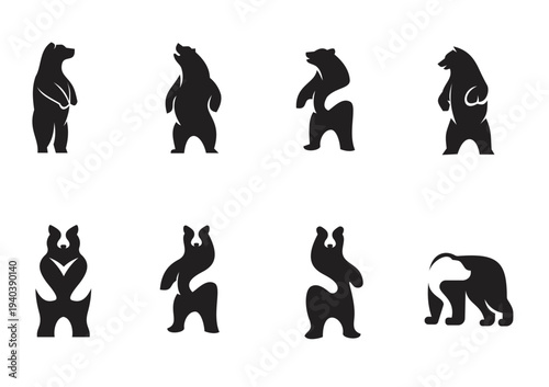 Stylized Bear Logo and Icon Collection. Modern Minimalist Black Bear Silhouettes, Vector Illustrations for Wildlife Branding and Graphic Design.