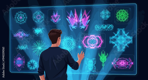 A male doctor or nurse consults with a female patient in a bright, modern clinic office, discussing health on a tablet.A person interacts with a futuristic transparent screen displaying complex glowin