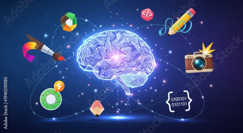 Conceptual image of a glowing brain connected to diverse digital tools and creative industry icons.