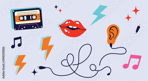 Retro music and sound elements with cassette tape, headphones, lips, and musical notes on a light blue background