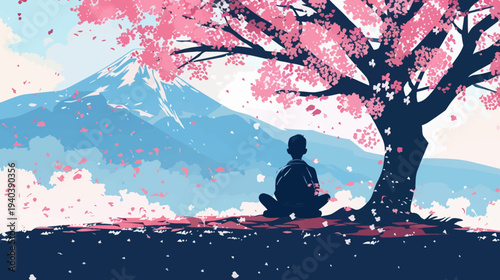 Tranquil scene of person meditating under a blossoming cherry tree in nature