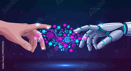 A human hand and a robotic hand reaching towards each other, creating a glowing digital connection with pink and blue particles, symbolizing AI and human interaction.