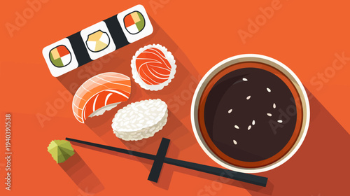 Sushi assortment graphic on orange background with chopsticks and soy sauce