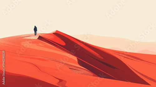Lone figure standing on a red dune overlooking a vast desert landscape