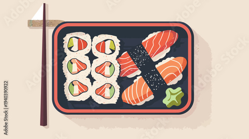 Sushi platter with chopsticks isolated on beige background flat illustration