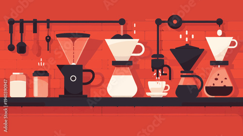 Stylized coffee brewing equipment illustration against red background
