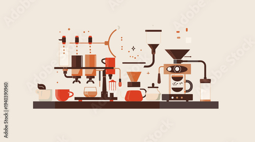 Coffee machine illustration brewing process with cups and equipment