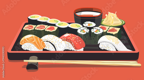 Fresh sushi platter on a red background japanese cuisine illustration