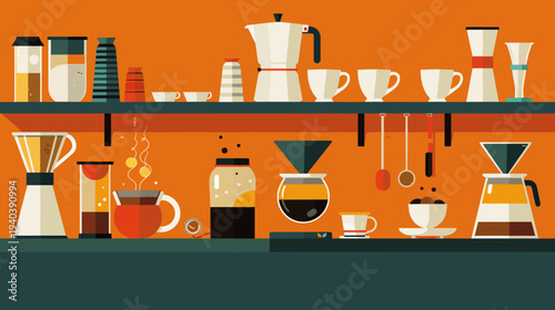 Coffee shop illustration with brewing equipment and cups on an orange background