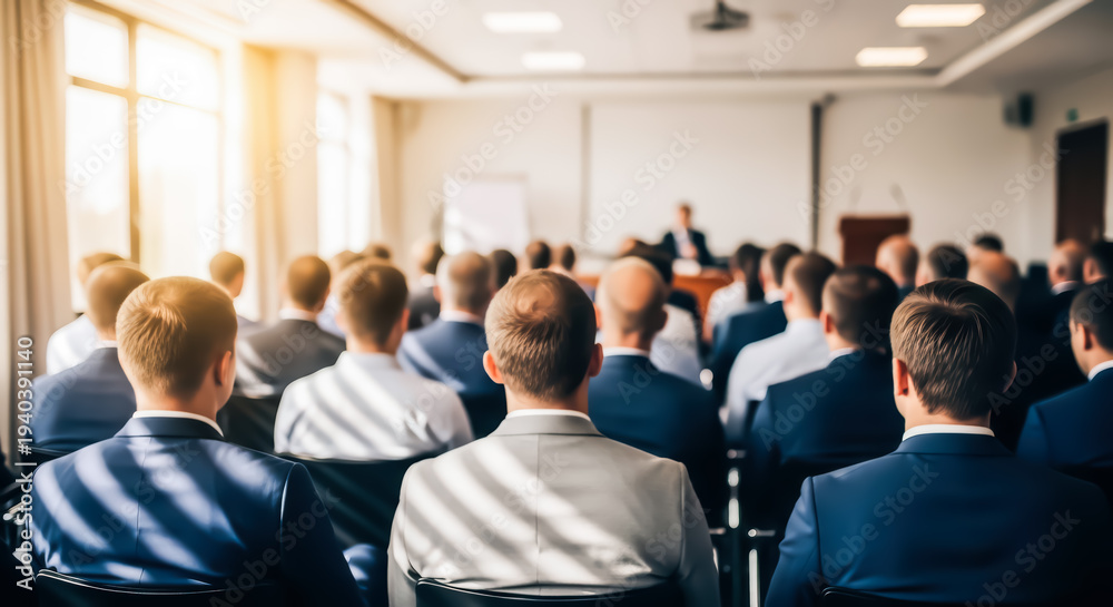 Fototapeta premium Blurred professional business conference audience sitting in rows during corporate seminar presentation in modern hall