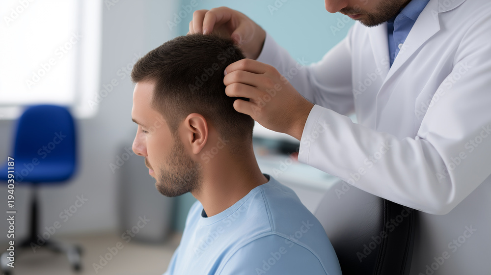 Fototapeta premium Barber cutting a man's hair with scissors during a professional haircut in a barbershop.