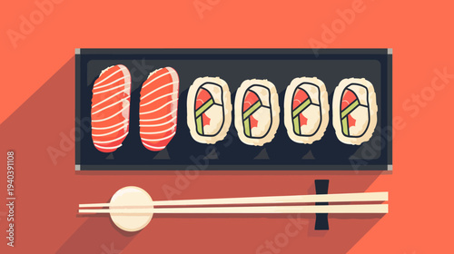 Sushi arrangement fresh salmon nigiri and maki rolls on tray with chopsticks