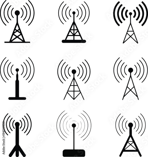Collection of various cell tower designs vector illustration.