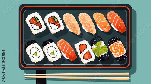 Assorted sushi platter on black tray with chopsticks overhead view