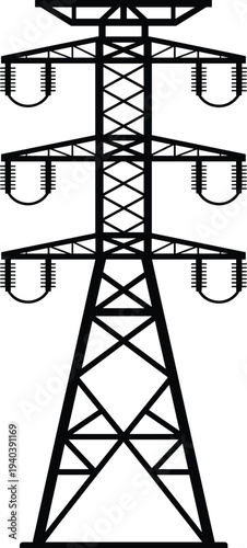 Electric Power Transmission Tower Icon Representing Energy Infrastructure High Voltage Electricity Distribution Grid Minimal Black and White Line Illustration Isolated on White Background