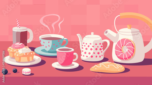 Colorful cartoon illustration of tea party with sweets and beverages