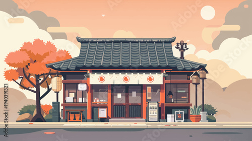Japanese architecture illustration traditional building with cherry blossom tree