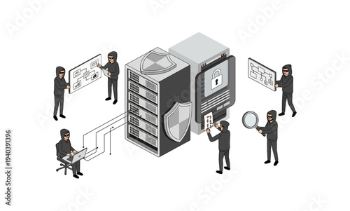 Isometric illustration of cybersecurity experts protecting server data from hackers.
