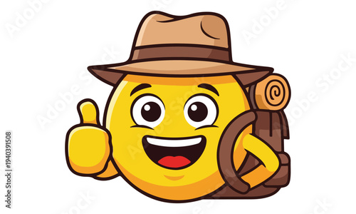 Happy Traveler Emoji with Backpack and Hat Giving Thumbs Up