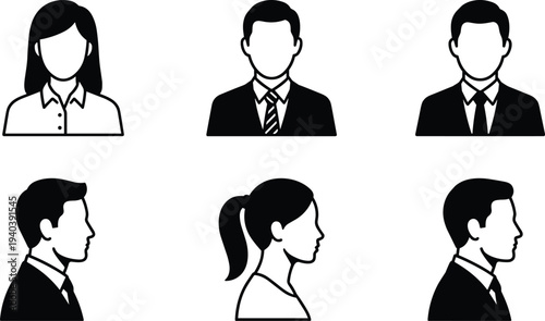 Business People Avatar Silhouette Icon Set with Male and Female Professional Profiles Front and Side View Corporate IllustrationBusiness People Avatar Silhouette Icon Set