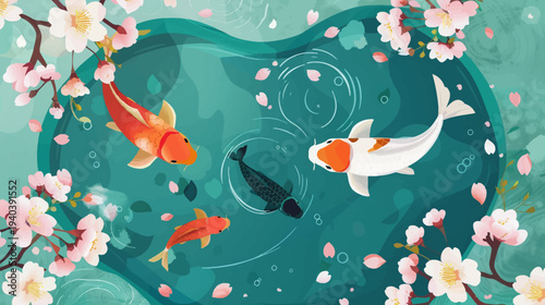 Colorful koi fish swimming in tranquil pond with cherry blossoms