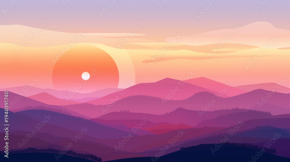 Obraz premium Abstract illustration of a sunset over layered mountains with a gradient