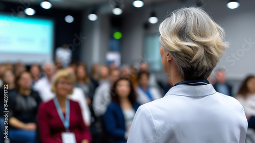 Doctor speaking to a group of medical professionals during a healthcare conference or training seminar.