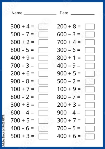 Math worksheet, for the second grade, study hundred. addition and subtraction