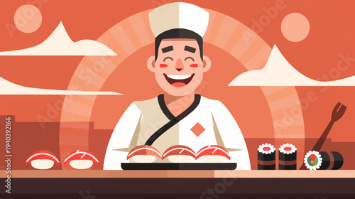 Smiling chef with sushi serving plate and asian cuisine illustration