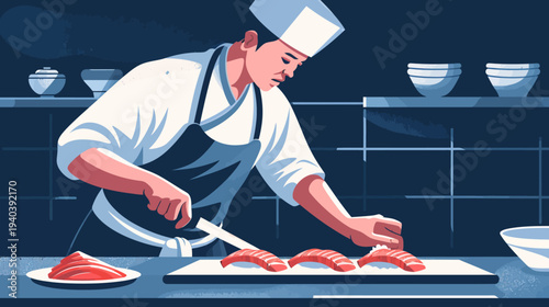 Chef preparing food illustration culinary art japanese cuisine artistic design