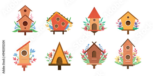 Colorful Birdhouse Collection with Flowers Vector Set