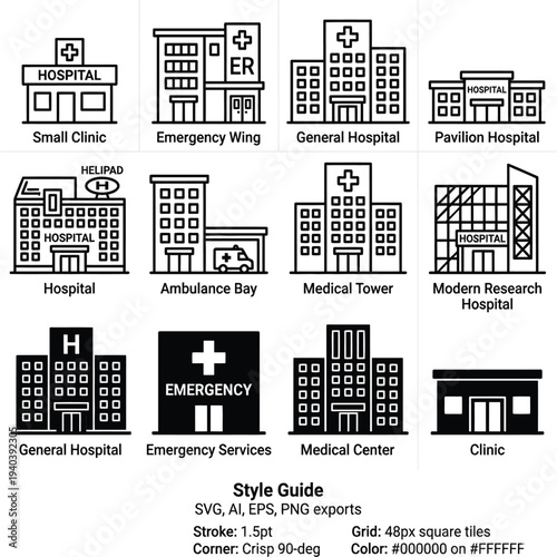 Set of pixel and vector icons featuring city business signs, a calendar symbol, and a seamless cityscape pattern illustration for a modern design concept