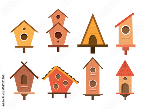 with different shapes and roof styles decorative garden bird homes flat vector illustration collection