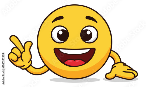 Happy Yellow Emoji Character Pointing Upward with One Finger