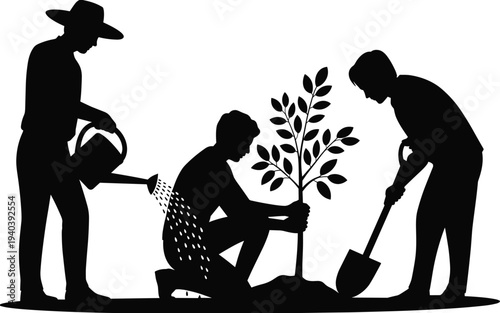 Silhouette of People Planting Tree and Watering Plant Together Representing Environmental Conservation, Teamwork in Gardening
