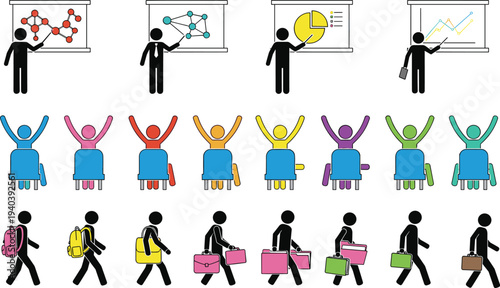 Business Presentation, Disabled People Participation, and Walking Businessmen Icon Set for Office, Education, Data Analysis, and Workplace Concept