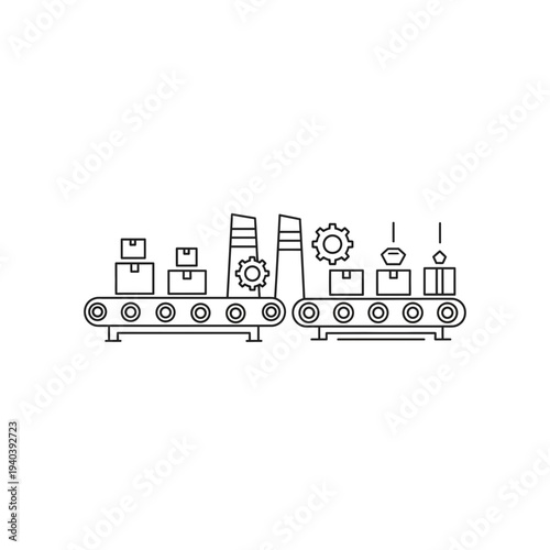 A black and white line drawing of various industrial machine parts and tools on a conveyor belt