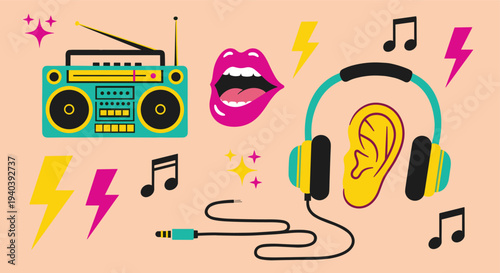 Retro boombox headphones and lips illustration with music notes and lightning bolts on a peach background
