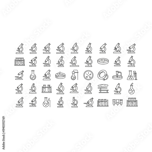 A collection of various science and laboratory icons in black and white