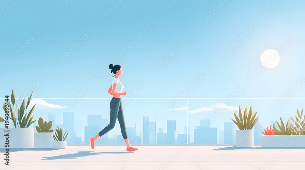 Obraz premium Illustrative depiction of a fit woman engaged in morning exercise by running along a city rooftop terrace with a clear blue sky distant buildings