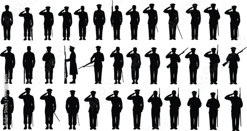 Military Soldier Salute Silhouette Icon Set with Armed Forces Personnel Standing with Rifle and Formal Uniform Vector Collection