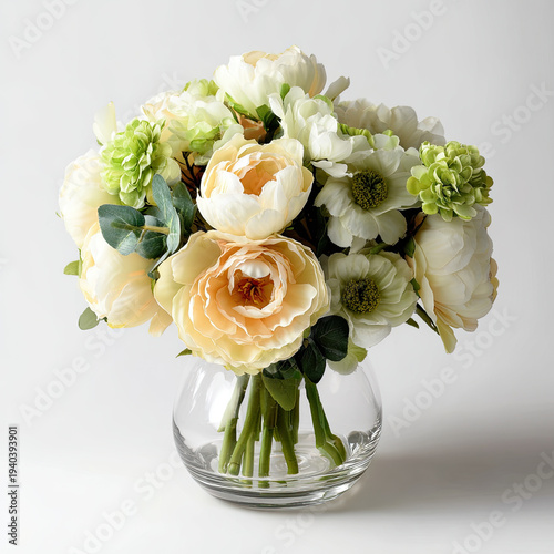 Elegant artificial flower arrangement glass vase with soft colors