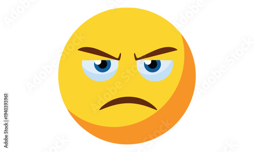 Angry yellow emoji icon with grumpy expression isolated