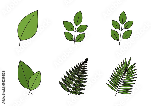 A flat design illustration vector featuring twelve different green leaves with black outlines on a white background.