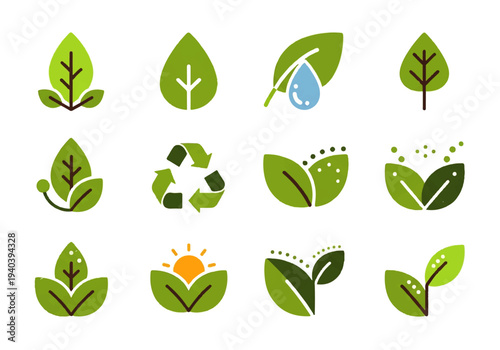 A flat design illustration vector featuring twelve different green leaves with black outlines on a white background.