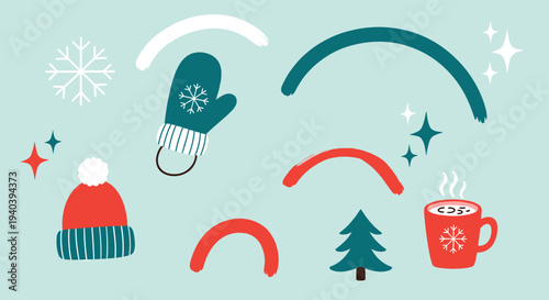 Cozy Winter Elements Collection Festive Symbols Snowflakes Hot Chocolate Mug Christmas Tree and Warm Hat for Seasonal Greetings