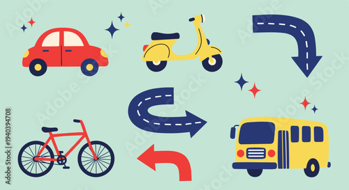 Diverse modes of transportation including a car, scooter, bicycle, and bus with road arrows on a light blue background