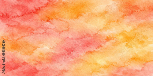 Vibrant abstract watercolor background with fire orange and yellow grunge textures on vintage paper canvas creating an artistic pink cloud illustration